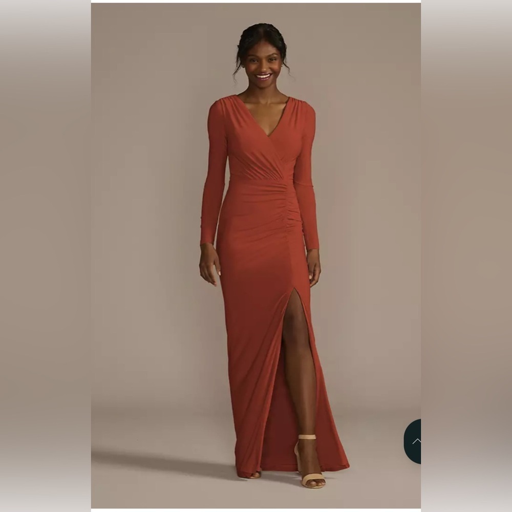 Elegant Burnt Sienna Long Sleeve Ruched Formal Gown- Size 14 - Picture 5 of 6